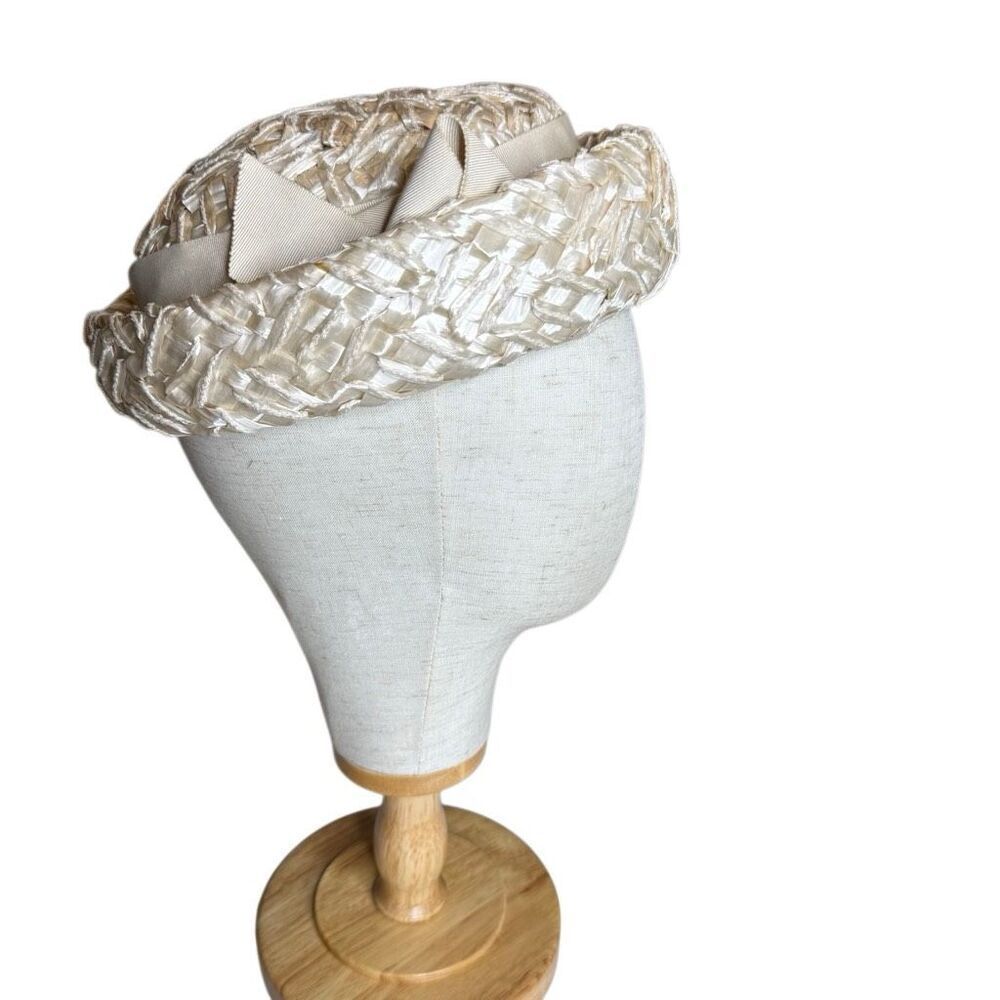 Vintage Mr. Martin Cream Raffia Pillbox Hat With Grosgrain Ribbon